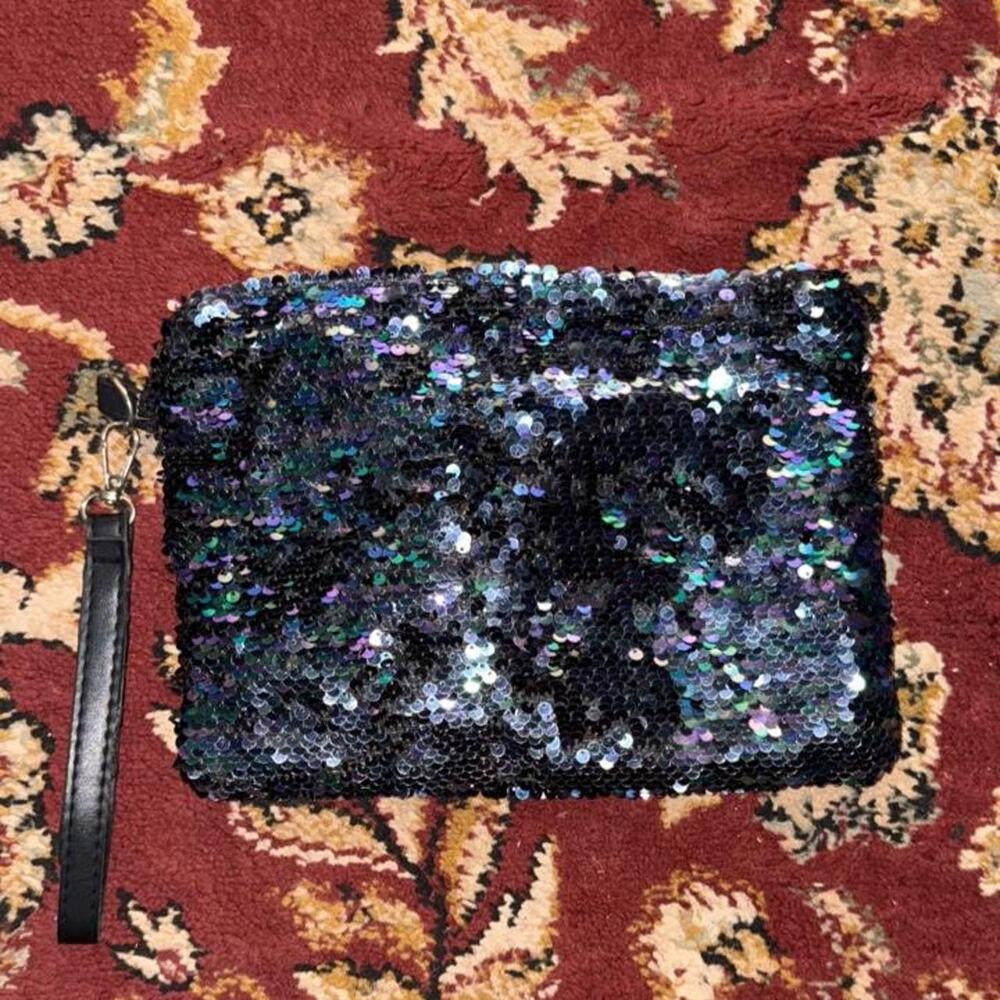 Black sequin clutch with silver